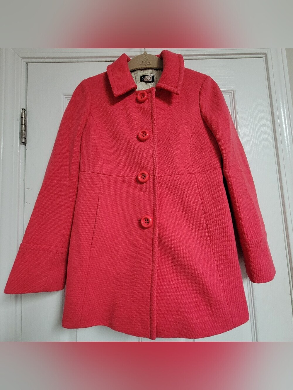 J.crew Women's Hot Pink Wool Coat With Large Buttons Pleated Back Size 4P.